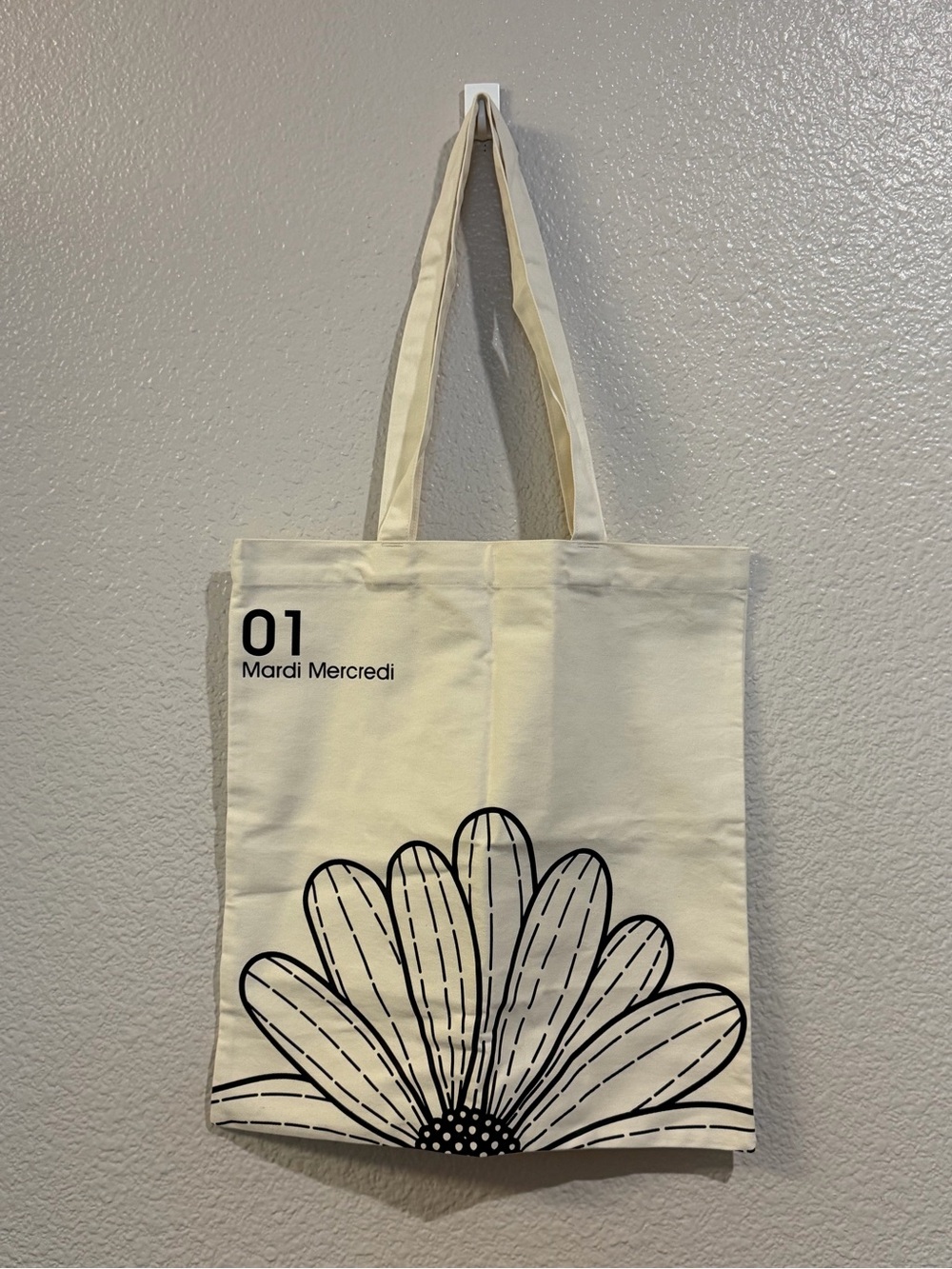 Mardi Mercredi Cream Canvas Tote Bag with Black Floral Print